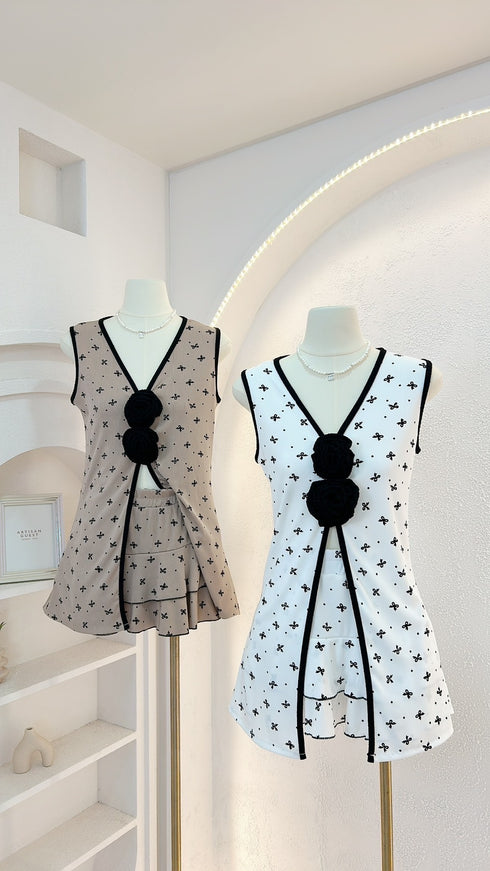 G-Rose Bow Print V-neck Rose Decor Tops With Mini Skirts